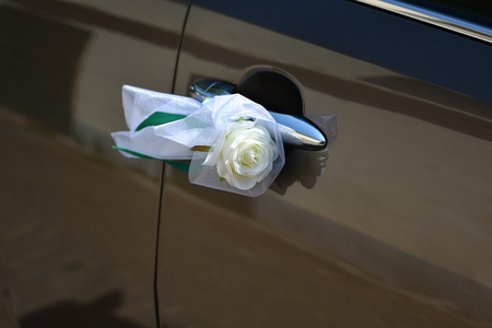 Wedding car decoration for the bride and groomの写真素材
