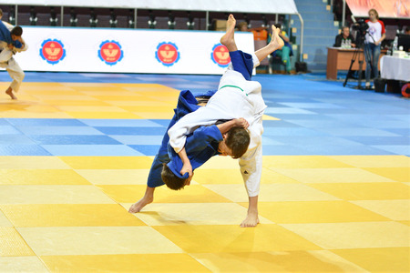 Orenburg, Russia - 21 October 2016: Boys compete in Judo at the all-Russian Judo tournament among boys and girls born between 2000-2002, dedicated to the memory of V. S. Chernomyrdinのeditorial素材