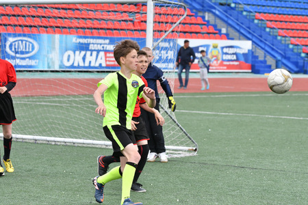 Orenburg, Russia - May 28, 2017 year: The boys play football in the preliminary games football festival "Lokobol-2017"のeditorial素材