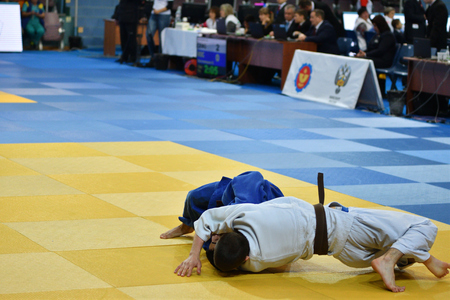 Orenburg, Russia - 21 October 2016: Boys compete in Judo at the all-Russian Judo tournament among boys and girls born between 2000-2002, dedicated to the memory of V. S. Chernomyrdinのeditorial素材
