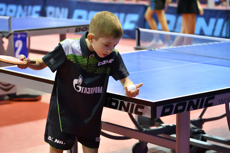 Orenburg, Russia - September 15, 2017 year: Boys playing  table tennis  Orenburg region Championships in table tennis among athletes born in 1996 and youngerのeditorial素材