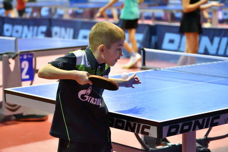 Orenburg, Russia - September 15, 2017 year: Boys playing  table tennis   Orenburg region Championships in table tennis among athletes born in 1996 and youngerのeditorial素材