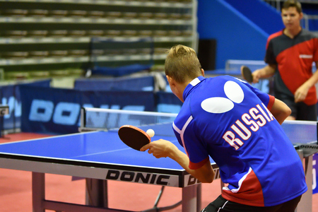 Orenburg, Russia - September 15, 2017 year: Boys playing  table tennis  Orenburg region Championships in table tennis among athletes born in 1996 and youngerのeditorial素材