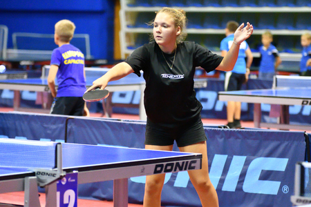 Orenburg, Russia - September 15, 2017 year: girl playing ping pong Orenburg region Championships in table tennis among athletes born in 1996 and youngerのeditorial素材