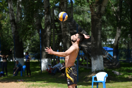Orenburg, Russia, 9-10 June 2017 year: Boys playing beach volleyball on City tournament Beach Volleyball «Golden Sands»のeditorial素材