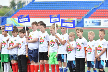 Orenburg, Russia - May 28, 2017 year: The boys play football in the preliminary games football festival "Lokobol-2017"のeditorial素材