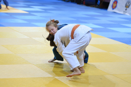 Orenburg, Russia - 21 October 2016: Girls compete in Judo at the all-Russian Judo tournament among boys and girls born between 2000-2002, dedicated to the memory of V. S. Chernomyrdinのeditorial素材