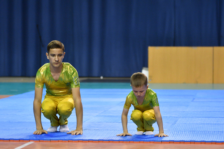Orenburg, Russia, 26-27 May 2017 years: boys  compete in sports acrobatics at the Open Championship in sports acrobaticsのeditorial素材