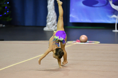 Orenburg, Russia - November 25, 2017 year: girls compete in rhythmic gymnastics on the Orenburg region Championship on rhythmic gymnastics "Winter melody-2017".のeditorial素材