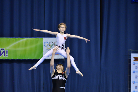 Orenburg, Russia, 26-27 May 2017 year: Juniors compete in sports acrobatics at the Open Championship in sports acrobaticsのeditorial素材