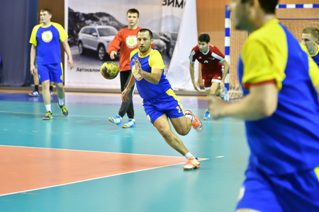 Orenburg, Russia - February13, 2018 year: boys play in handball International handball tournament in memory of the first Governor of Orenburg province Ivan Ivanovich Nepluevaのeditorial素材