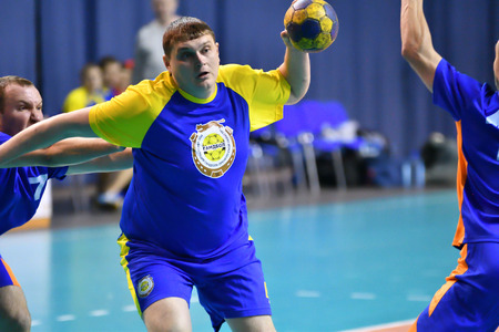 Orenburg, Russia - February13, 2018 year: boys play in handball International handball tournament in memory of the first Governor of Orenburg province Ivan Ivanovich Nepluevaのeditorial素材
