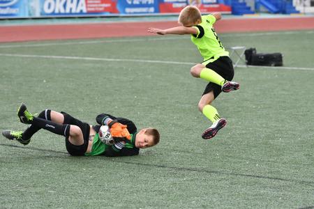 Orenburg, Russia - May 28, 2017 year: The boys play football in the preliminary games football festival "Lokobol-2017"のeditorial素材