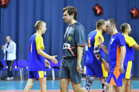 Orenburg, Russia - February12, 2018 year: boys play in handball International handball tournament in memory of the first Governor of Orenburg province Ivan Ivanovich Nepluevaのeditorial素材