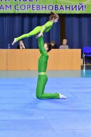 Orenburg, Russia, 26-27 May 2017 year: Juniors compete in sports acrobatics at the Open Championship in sports acrobaticsのeditorial素材
