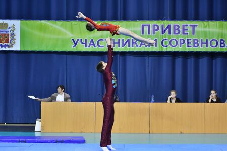 Orenburg, Russia, 26-27 May 2017 year: Juniors compete in sports acrobatics at the Open Championship in sports acrobaticsのeditorial素材
