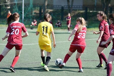 Orenburg, Russia - 12 June 2019 year: Girls play football women's tournament, dedicated to the Day Of Russiaのeditorial素材