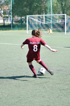 Orenburg, Russia - 12 June 2019 year: Girls play football women's tournament, dedicated to the Day Of Russiaのeditorial素材