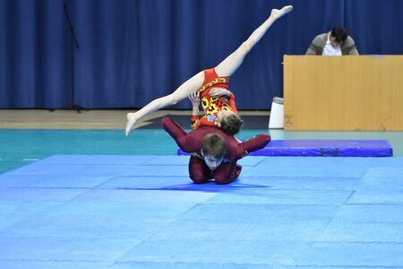 Orenburg, Russia, 26-27 May 2017 year: Juniors compete in sports acrobatics at the Open Championship in sports acrobaticsのeditorial素材