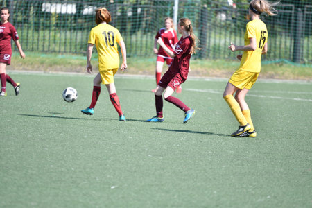 Orenburg, Russia - 12 June 2019 year: Girls play football women's tournament, dedicated to the Day Of Russiaのeditorial素材