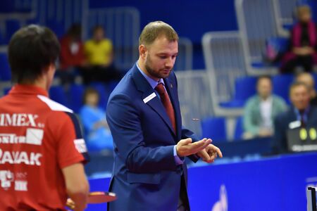 Orenburg, Russia - September 28, 2017: boy compete in the European Champions League match table tennis "torch-Gazprom, Russia and "K.s. DARTOM DJGORIA GRODZISR", Polandのeditorial素材