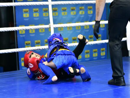 Orenburg, Russia - October 20, 2019: Boys compete in Thai boxing for the Orenburg Cup in Thai boxingのeditorial素材