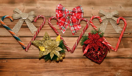 Christmas decorations and Christmas caramel on a wooden countertop