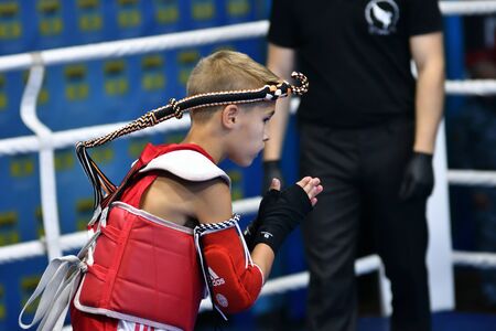 Orenburg, Russia - October 20, 2019: Boys compete in Thai boxing for the Orenburg Cup in Thai boxingのeditorial素材