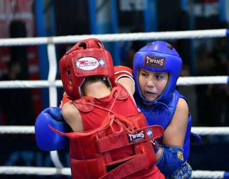 Orenburg, Russia - October 20, 2019: Boys compete in Thai boxing for the Orenburg Cup in Thai boxingのeditorial素材