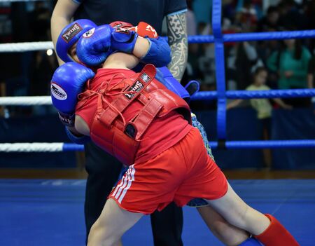 Orenburg, Russia - October 20, 2019: Boys compete in Thai boxing for the Orenburg Cup in Thai boxingのeditorial素材