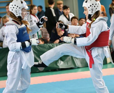 Orenburg, Russia - October 19, 2019: Girls compete in taekwondo At the Orenburg Open Taekwondo Championshipのeditorial素材