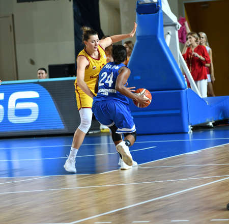 Orenburg, Russia - October 3, 2019: Girls play basketball in the match of the Russian Championship between basketball clubs "Hope" (Orenburg) and "Enisey" (Krasnoyarsk)のeditorial素材