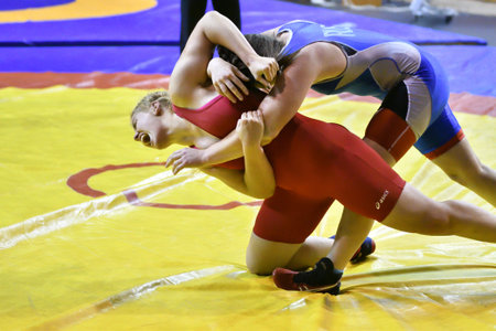 Orenburg, Russia - October 25-26, 2017: Girls compete in sports wrestling at the All-Russian tournament for the prizes of the Governor of Orenburg Regionのeditorial素材