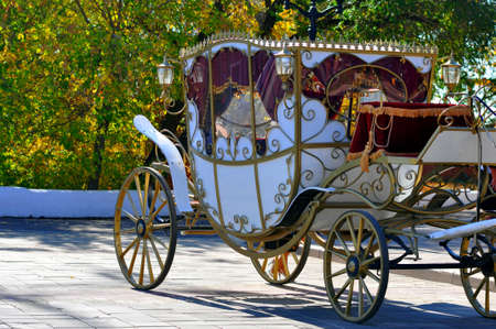 Vintage wedding carriage on the street of the city in the daytimeの写真素材