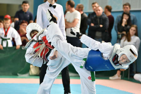 Orenburg, Russia - October 19, 2019: Boys compete in taekwondo (Korean martial arts) at Orenburg Open Taekwondo Championshipのeditorial素材