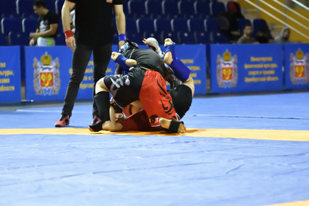 Orenburg, Russia - October 5, 2019: Men compete in Pankration wrestling at the Open Championship and the Championship of the Orenburg region in wrestling Pankration among men and juniorsのeditorial素材