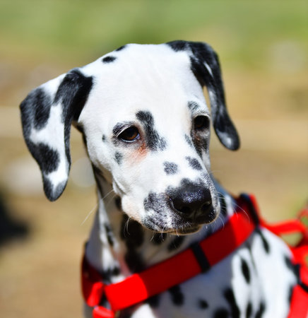 Dalmatian, or Dalmatian dog on a walk on a summer day