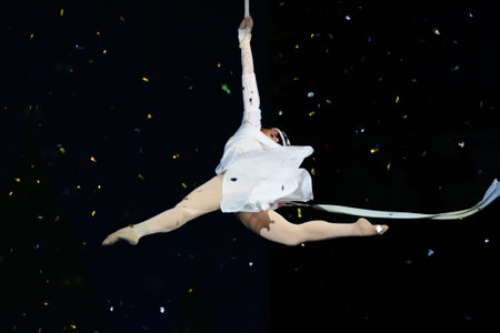 Orenburg, Russia - October 12, 2019: Aerialists perform their number at the circus arena