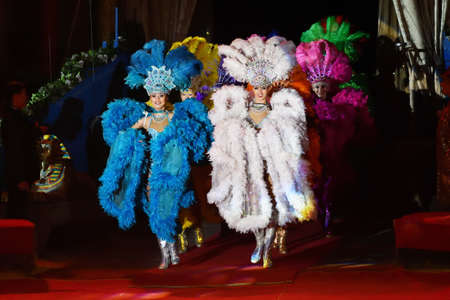 Orenburg, Russia - October 12, 2019: Girls they perform with their own number at the circus arena, congratulations to lovers in honor of the day Saint Valentineのeditorial素材