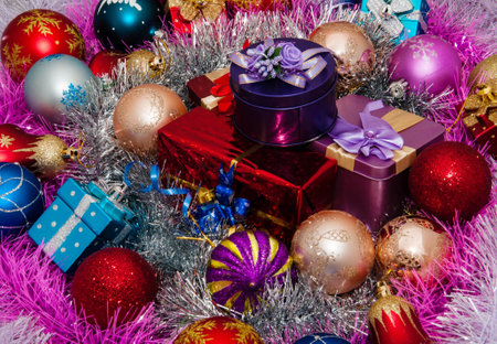 Colorful decorations and multicolored gifts for Christmas and New Yearの写真素材