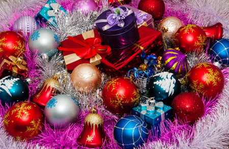 Colorful decorations and multicolored gifts for Christmas and New Yearの写真素材