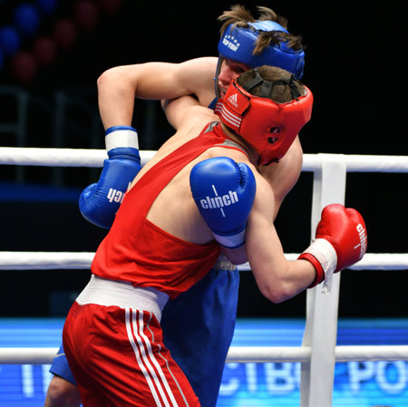 Orenburg, Russia - May 7, 2017: Two boys fighter compete in boxing at the Russian Junior Boxing Championshipの写真素材