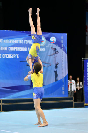 Orenburg, Russia, December 14, 2017: Boys compete in sports acrobatics at the Orenburg Open Championship in sports acrobaticsのeditorial素材