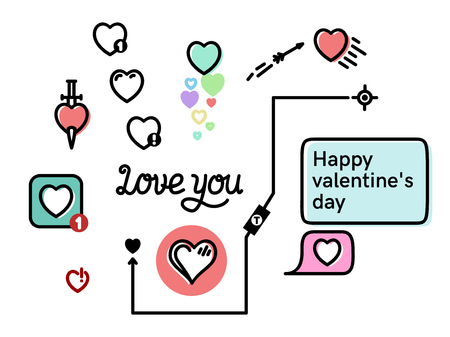 Valentine's day hearts set about love matching apps, compatibility, dating. Isolated on wall background flat line art styleのイラスト素材