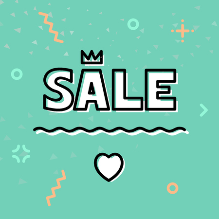 Valentine's day memphis retro style sale banner or poster. Isolated 80s geometric style illustration on turquoise backgroundのイラスト素材