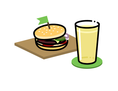 Cider and burger. Apple or pear cider with light burger with green flag on top of it. Small icon for menu or illustration for large poster. Isolated on white background flat line art styleのイラスト素材