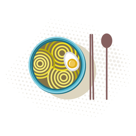 Noodles with egg top view. Korean ramen, chopsticks and spoon on halftone background. Isolated on white background line art style illustrationのイラスト素材