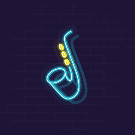 Neon style jazz saxophone for poster for event, music bar or festival. Geometric style illustration on brick wall backgroundのイラスト素材