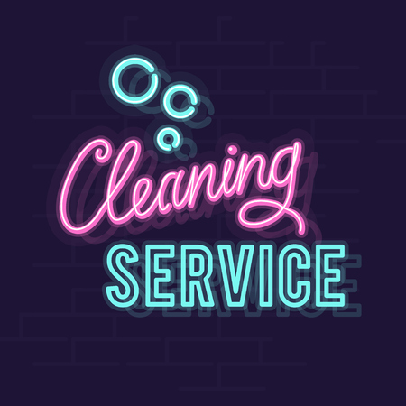 Neon clearing service banner. Line art style neon illustration on brick wall backgroundのイラスト素材