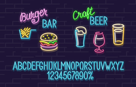 Neon set for burger and craft beer bar. Blue glowing font with uppercase letters.   cherry beer and lager  . Delicious burger and tasty friesのイラスト素材